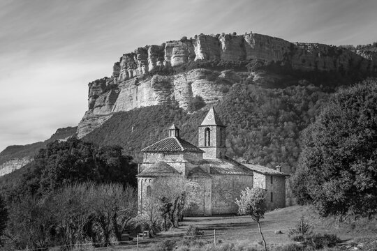 Beautiful landscape with collsacabra and rocallarga mountains and the church of Sant Joan de Fabregues near Rupit , Barcelona, Spain.Black and white photography.