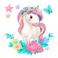 cute drawing of unicorn in the clouds with flowers isolated on white background © Antracit