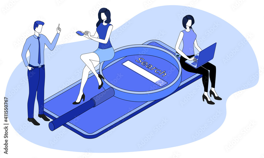 Wall mural testing the search engine.people use their smartphone and laptop to test a search app.development of