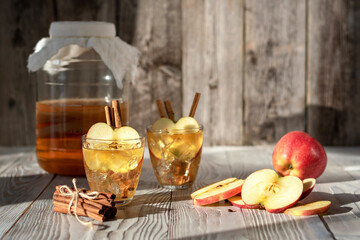 Kombucha cocktail with apples and cinnamon. It is a fermented beverage. Not only does it have the same benefits as tea, but it is also rich in beneficial probiotics. Selective focus.