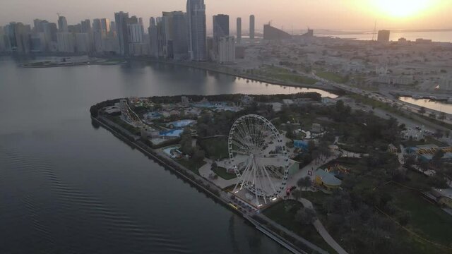 4K Aerial shot of Sharjah Montazah Al Jazeera Garden
