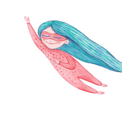 Watercolor banner long green hair super woman. Girl in mask flies, isolated on white background. Cartoon cute illustration.