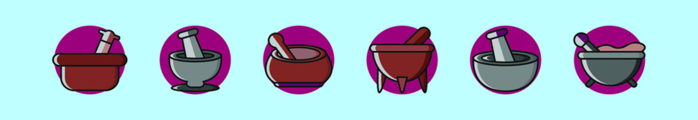 set of mexican molcajete cartoon icon design template with various models. vector illustration isolated on blue background