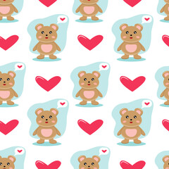Cute Valentines Day Brown Bear seamless pattern. Vector illustration.