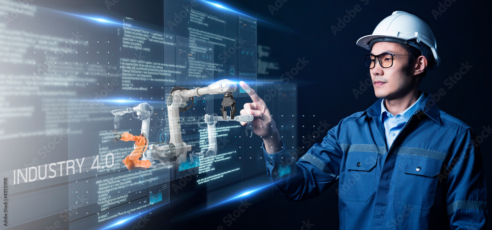 Wall mural engineer presenting machine engine with virtual reality augmented reality technology, smart factory 