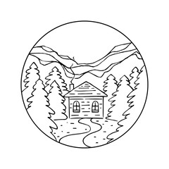 Advertising banner house in mountain in circle. Simple hand drawn logo wood house in forest. Cute vector illustration isolated on white.