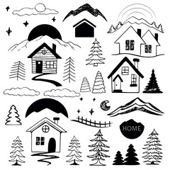 Adversting set design cute house and mountain. Simple hand drawn tree and sun elements on white background.