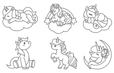 Set of cute unicorns. Isolated outline for coloring
