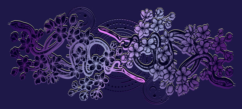 Vector illustration, snake on sakura branch,Handmade, tattoo, blue background, print on t-shirt