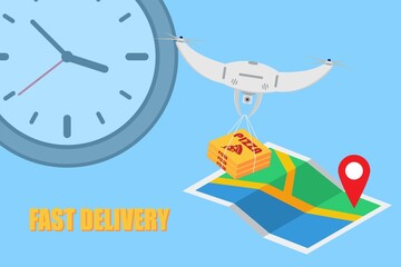 Fast drone delivery of pizza, food delivery concept illustration, drone control, delivery anywhere in the city. Vector EPS10