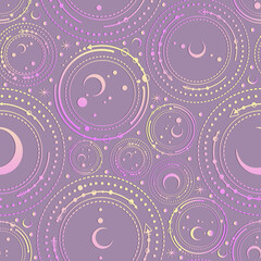 Vector illustration, astronomical geometry, moon, stars, Handmade, purple  background, seamless pattern