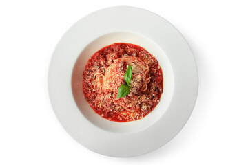 Italian Cuisine Pasta Bolognese With Basil Leaf On Top Closeup. Spaghetti With Meat. Traditional Dinner Isolated On White Color Background. Top View.