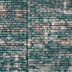 Rough Dark Blue Brick Wall Surface. Light Green Old Blocks Grunge Material Filtered. Faded Distressed Mortar Brickwall Background.