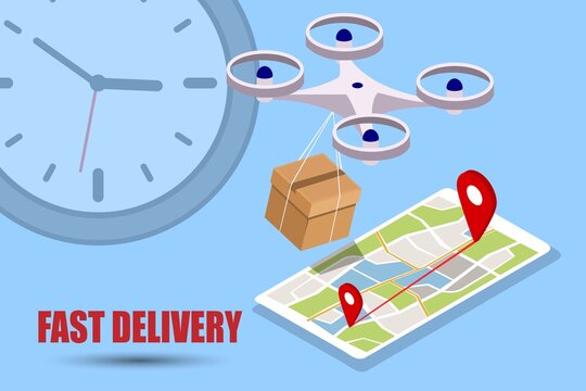 Fast drone delivery boxes, packaging, illustration concept of modern delivery, drone control. Vector EPS10