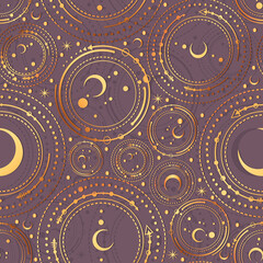 Vector illustration, astronomical geometry, moon, stars, Handmade, dark purple  background, seamless pattern