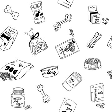 Vector seamless illustration with dog food. Black and white image in doodle style with food and treats for dogs. Isolated images with black lines