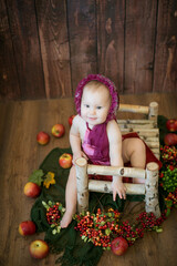 Little sweet girl up to one year old in a beautiful burgundy velvet suit with red juicy apples on a crib made of wood. Healthy lifestyle 
