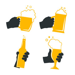 Collection of hands holding glasses of beer isolated on white. Vector illustration.