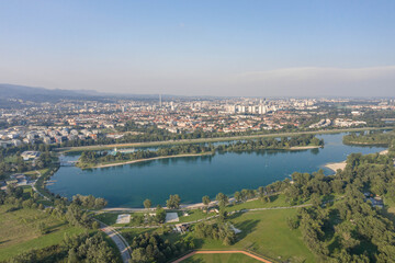 Naklejka premium Aerial drone shot of Jarun lake in southeast Zagreb in Croatia summer