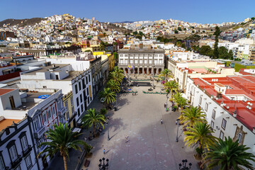 Main square of Las Palmas de Gran Canarias. Aerial view with its multi-colored houses in the...