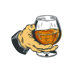 Hand holding glass of whiskey isolated on white. Vector illustration.