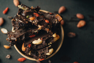 Dark chocolate with dried berries, fruit and nuts.