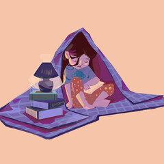 The image of a little cute girl in pajamas who reads a book before bedtime, a child hides under a blanket, the book is illuminated by a small night light