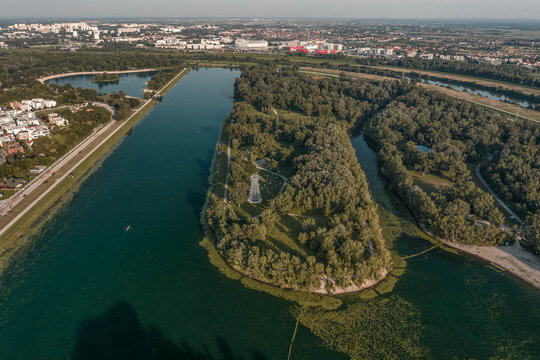 Aerial drone shot of Tesla tower in Jarun Lake in southeast Zagreb in Croatia