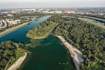 Obraz premium Aerial drone shot of FKK beach at Lake Jarun in southeast Zagreb in Croatia