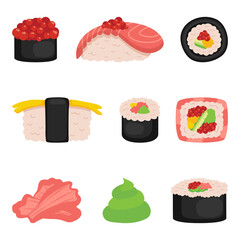 Sushi, rolls, icon set on white isolated background. Vector illustration