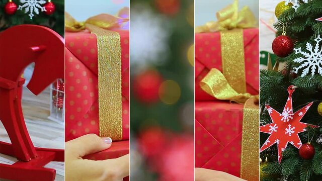 Montage of video collage of beautiful Christmas decor and details. Closeup view footage of white woman holding red gift boxes, defocused holiday interior, Xmas tree and wooden vintage toy horse