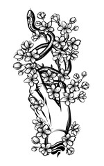 Vector illustration, snake on sakura branch, hands,Handmade, light background