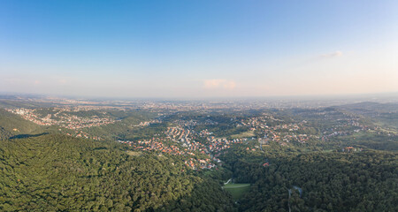 Aerial panoramic drone view of Zagreb upper town near Medvednica mountain
