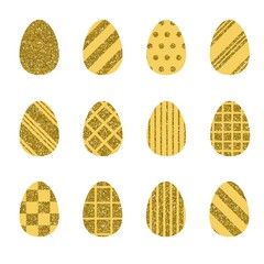 A set of yellow and glitter shiny gold easter eggs decorated with ornament. Vector illustration