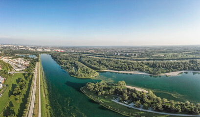 Fototapeta premium Aerial drone shot of Lake Jarun in southeast Zagreb in Croatia