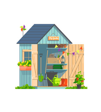 Garden shed with household tools isolated on white background. Watering-can, shovel, pitchfork, pots and plants for gardening and landscaping. Vector illustration