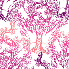 Obraz na płótnie Canvas Vector illustration, snake on sakura branch, hands, Handmade, light background, seamless pattern, pink purple color