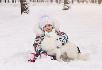 Little girl sits in the snow with a white little dog. Friendship of children and animals