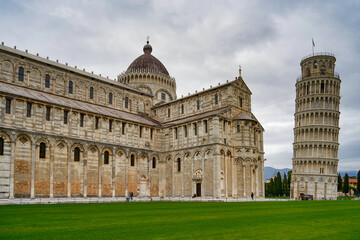 Fototapeta na wymiar View of the Tower and the Duomo from Piazza dei Miracoli Pisa Tuscany Italy