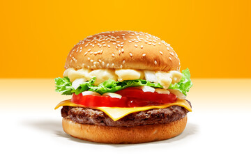 Delicious Beef Burger consists of Bun Bread, Patty, Pickle, Onion, Mayonaisse, Ketchup, Cheddar Cheese and lettuce in a yellow background, with interactive 3D text for Modern Fast Food Restaurant menu