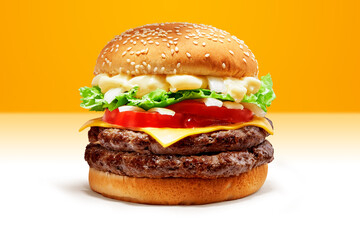 Delicious Double Beef Burger consists of Bun Bread, Patty, Pickle, Onion, Mayonaisse, Ketchup, Cheddar Cheese and lettuce in a yellow background, with interactive 3D text for Modern Fast Food Restaura