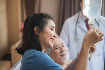 Nurses support the elderly patient man to resting at hospital room, medical health care and old disease  insurance concept