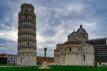 View of the Tower and the Duomo from Piazza dei Miracoli Pisa Tuscany Italy