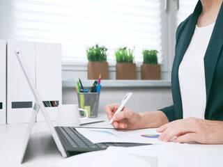 Businesswoman marks document with the marker. Businesswoman or entrepreneur in the home office....