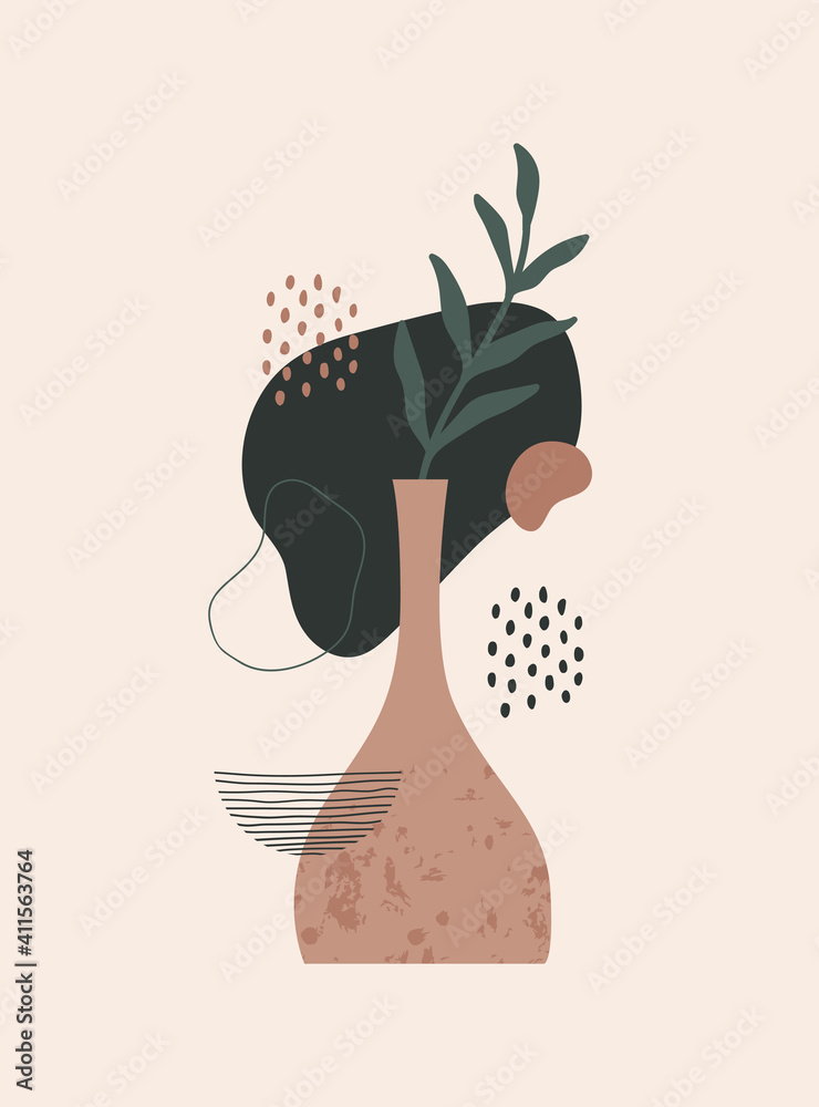 Poster modern abstract wall art with textured vase, geometric shapes and plant on light background. vector 