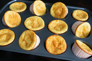 Vanilla Cupcakes in a Muffin Pan: Freshly baked vanilla cupcakes in a non-stick muffin tin