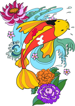 Japanese koi.Hand drawn colorful Koi fish and  Japanese tattoo.doodle art Koi fish for Japanese tattoo