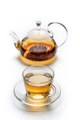 Cup with tea and teapot isolated on white background.