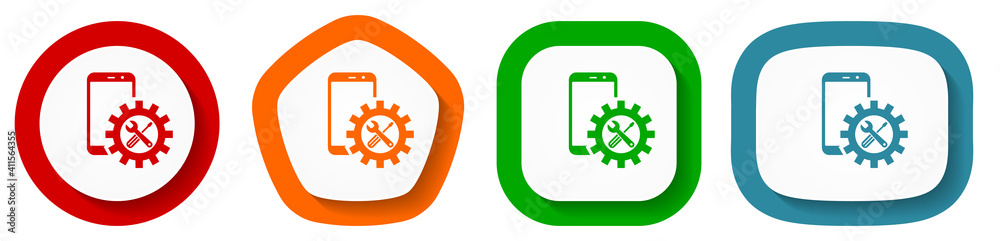 Aufkleber mobile phone, smartphone service vector icon set, flat design buttons on white background for webdes