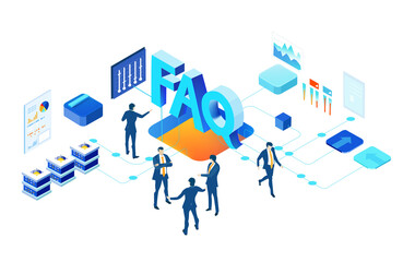 Isometric 3D business environment. FAQ. Isometric office space, server room with business people. Technology, success, internet, data protection and personal security infographic